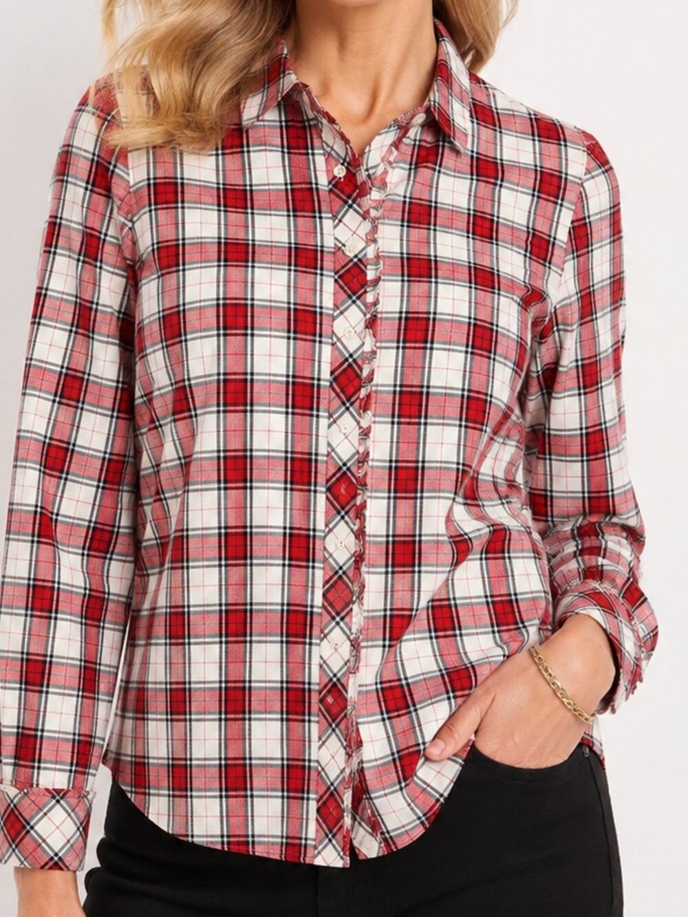 Talbots Plaid Ruffle Button Front Shirt Red Cream Metallic Cotton Size Large